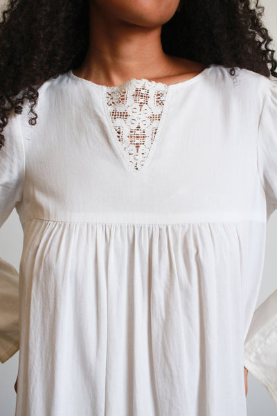 1970s White Lace Bib Ribbed Maxi Dress