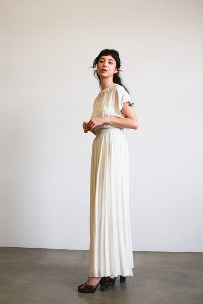 1940s White Rayon Pleated Stud Gown