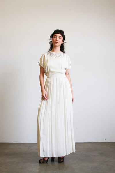 1940s White Rayon Pleated Stud Gown