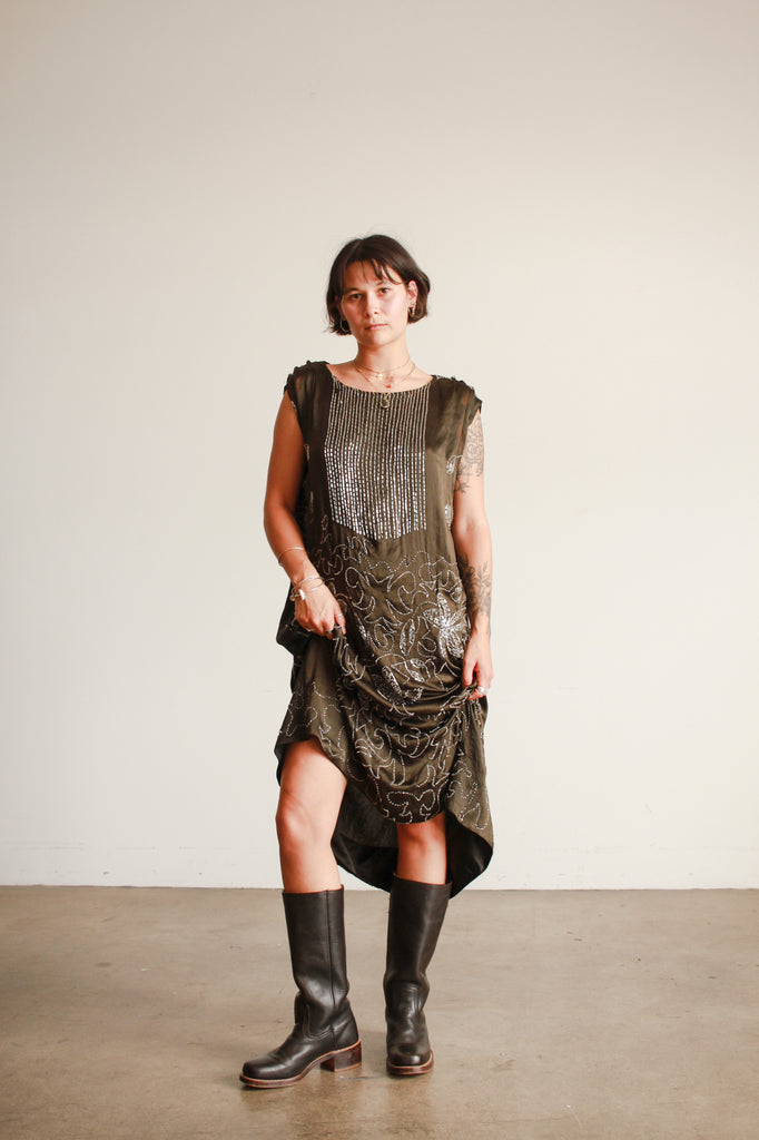 1920s Black Satin Beaded Shift Dress Blossom Vintage 1920s Black Satin Beaded Shift Dress Blossom Vintage
