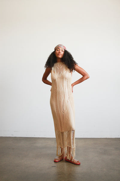1990s Beige Cotton Crochet Knit Fringed Dress