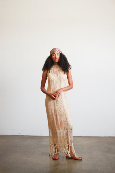 1990s Beige Cotton Crochet Knit Fringed Dress