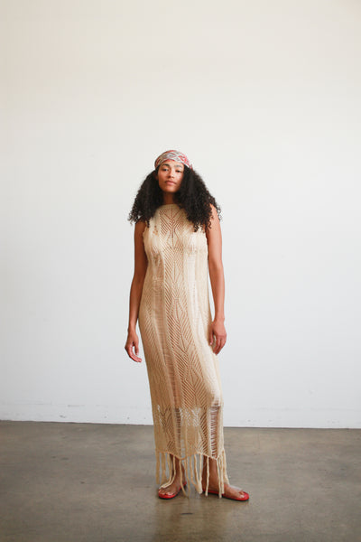 1990s Beige Cotton Crochet Knit Fringed Dress