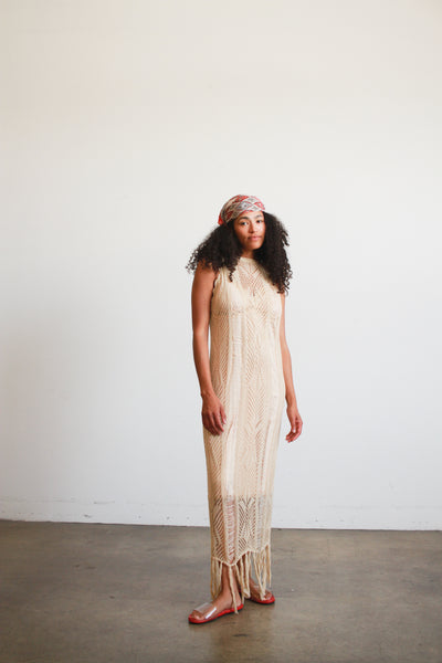 1990s Beige Cotton Crochet Knit Fringed Dress