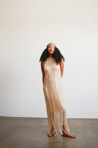 1990s Beige Cotton Crochet Knit Fringed Dress