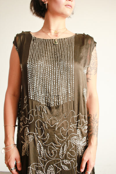 1920s Black Satin Beaded Shift Dress