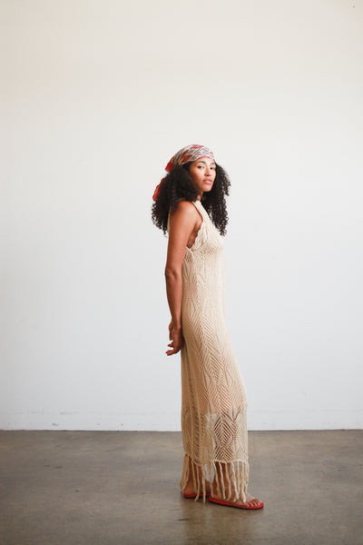 1990s Beige Cotton Crochet Knit Fringed Dress