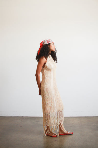 1990s Beige Cotton Crochet Knit Fringed Dress