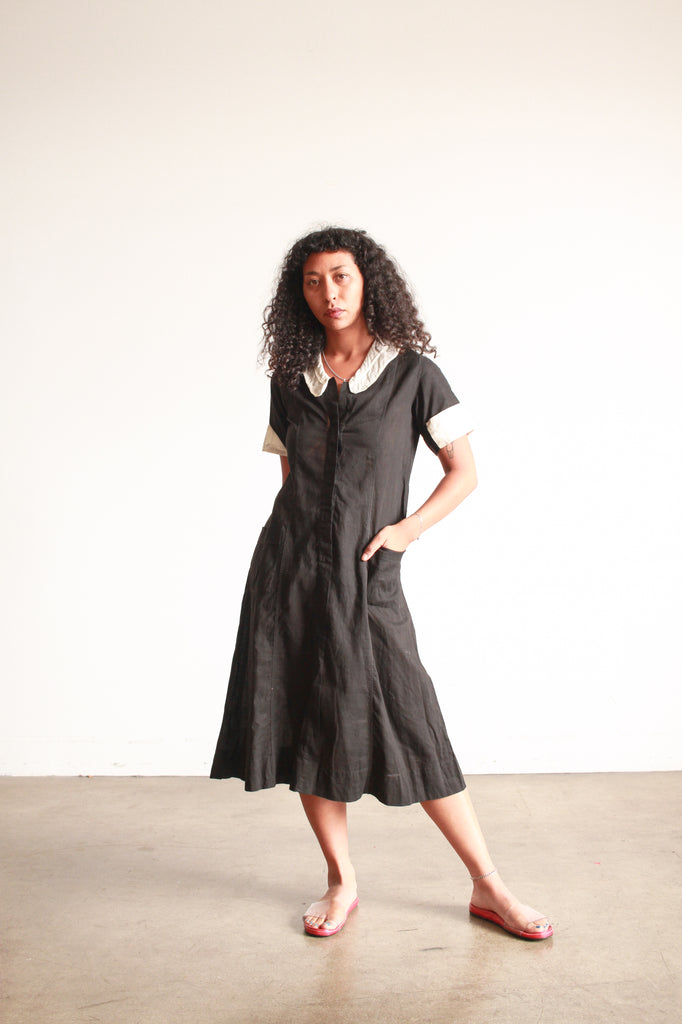 1920s Black Cotton Collared Short Sleeve Dress Blossom Vintage 1920s Black Cotton Collared Short Sleeve Dress Blossom Vintage