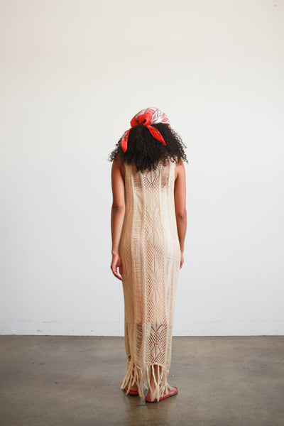 1990s Beige Cotton Crochet Knit Fringed Dress