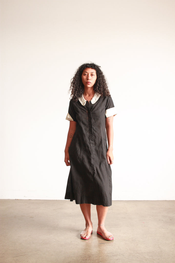 1920s Black Cotton Collared Short Sleeve Dress Blossom Vintage 1920s Black Cotton Collared Short Sleeve Dress Blossom Vintage