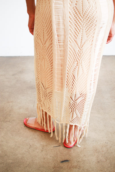 1990s Beige Cotton Crochet Knit Fringed Dress