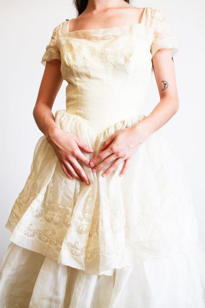 1950s Ecru Tiered Organza Embroidered Gown