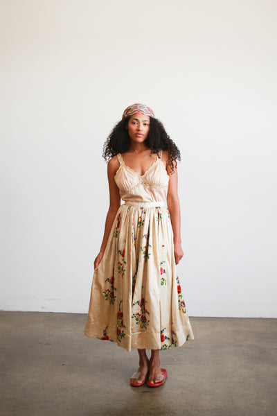 Antique Beige Floral Print Silk Full Skirt