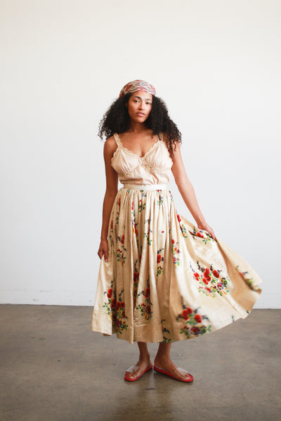 Antique Beige Floral Print Silk Full Skirt