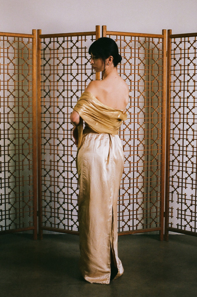 1950s Champagne Silk Satin Strapless Column Dress 1950s Champagne Silk Satin Strapless Column Dress