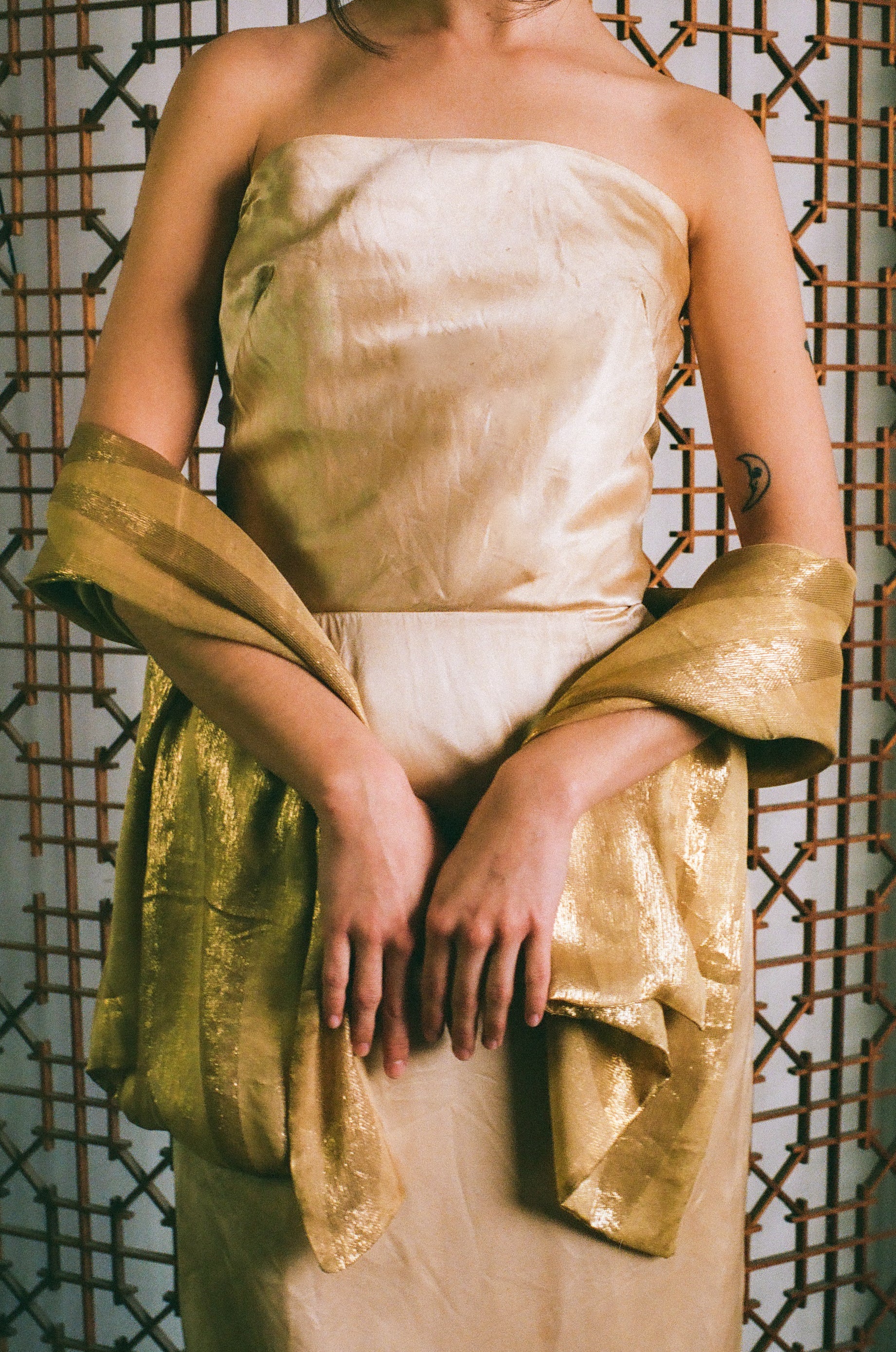 1950s Champagne Silk Satin Strapless Column Dress  Blossom Vintage