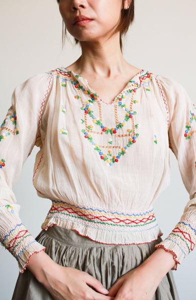 1930s Hungarian Embroidered Long Sleeve Peasant Blouse
