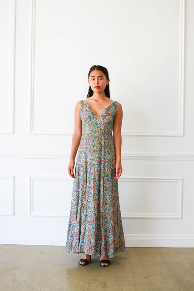 1930s Paisley Rayon Gold Threaded Dress