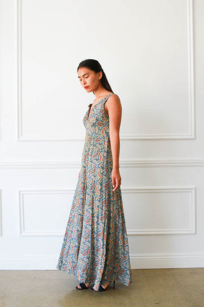 1930s Paisley Rayon Gold Threaded Dress