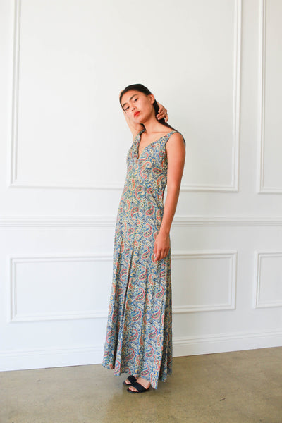 1930s Paisley Rayon Gold Threaded Dress