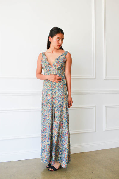 1930s Paisley Rayon Gold Threaded Dress