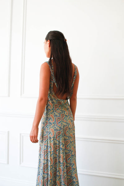 1930s Paisley Rayon Gold Threaded Dress