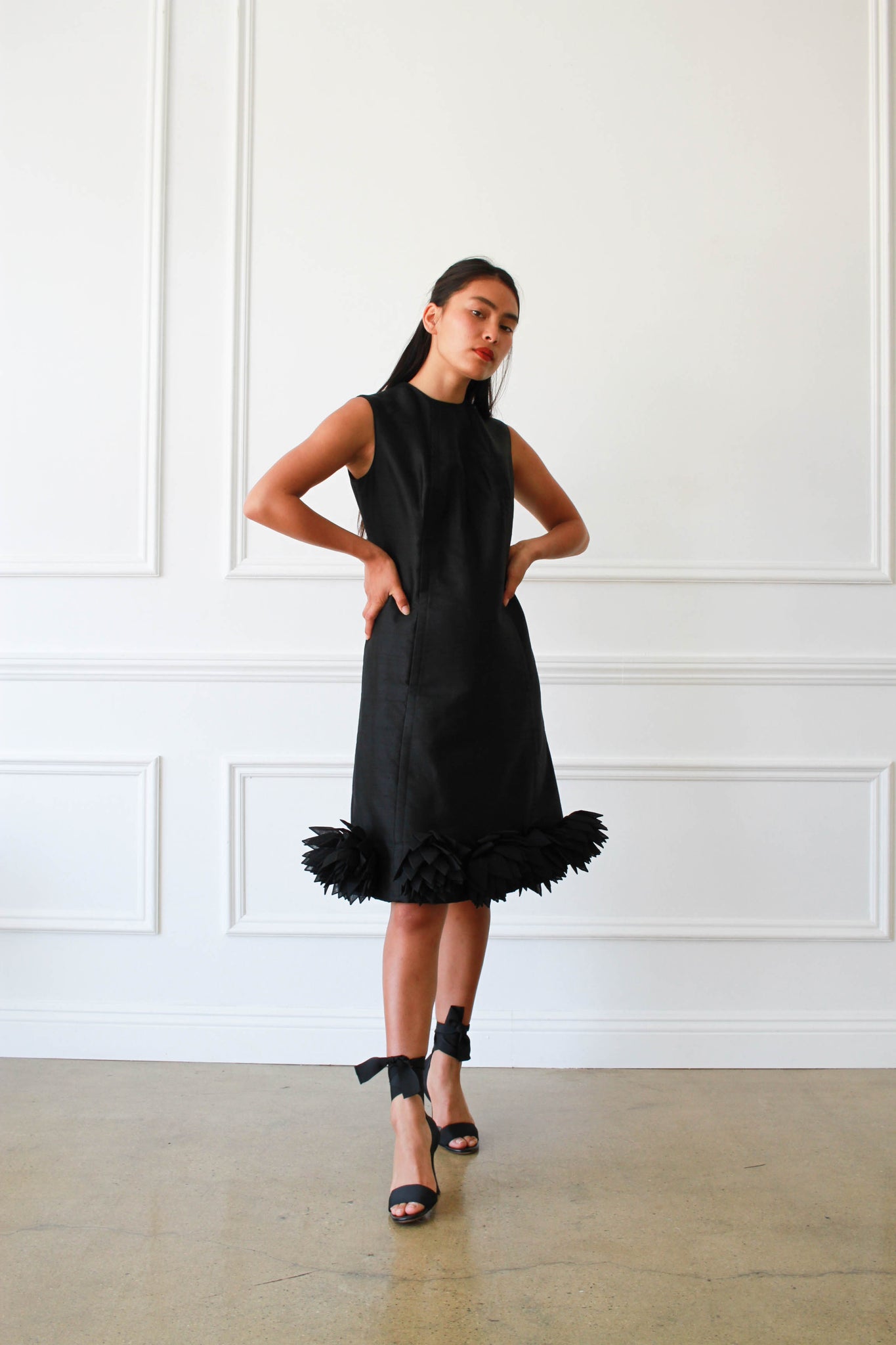 1960s Couture Black Silk Floral Shift Dress