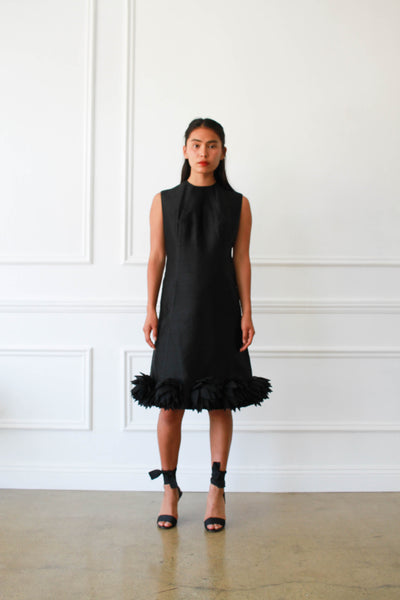 1960s Couture Black Silk Floral Shift Dress