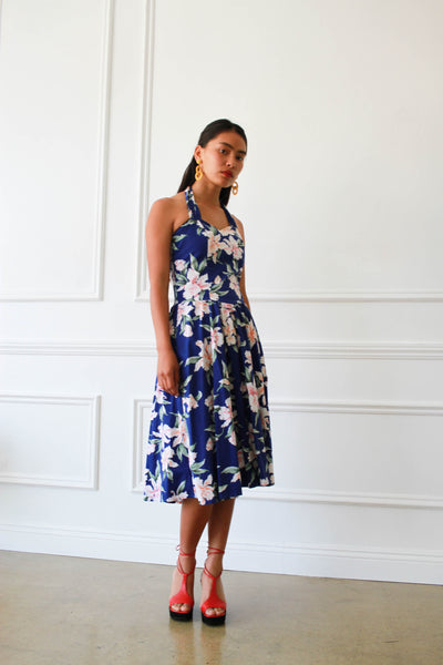 1980s Hawaiian Print Cotton Halter Dress