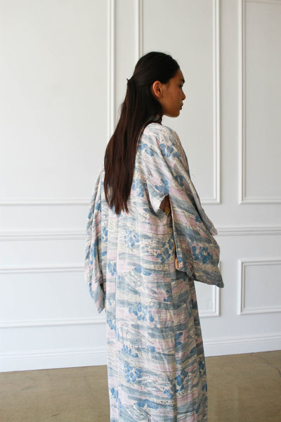 1940s Pastel Countryside Print Silk Kimono