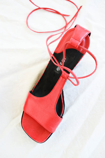 1990s Cherry Red Leather Strappy Wedges | 37