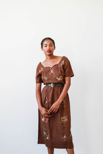 1950s Brown Linen Embroidered Dress
