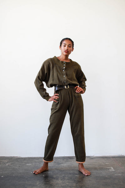 1980s Christian de Castelnau Olive Woven Jumpsuit