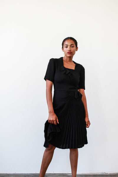 1940s Black Rayon Crepe Pleat Dress