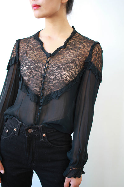 Victorian Black Chiffon Silk Alencon Lace Blouse