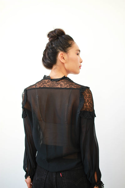 Victorian Black Chiffon Silk Alencon Lace Blouse