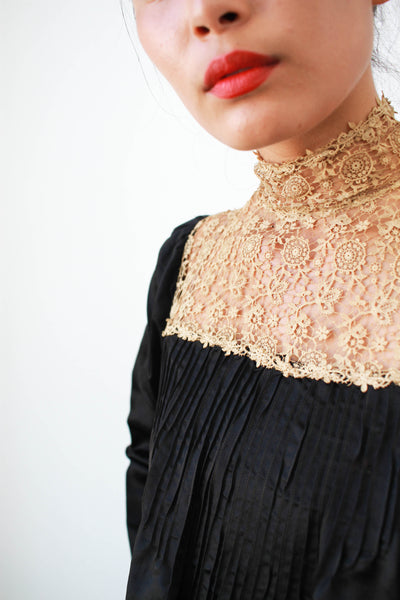 Victorian Black Satin Lace Yolk Long Sleeve Blouse