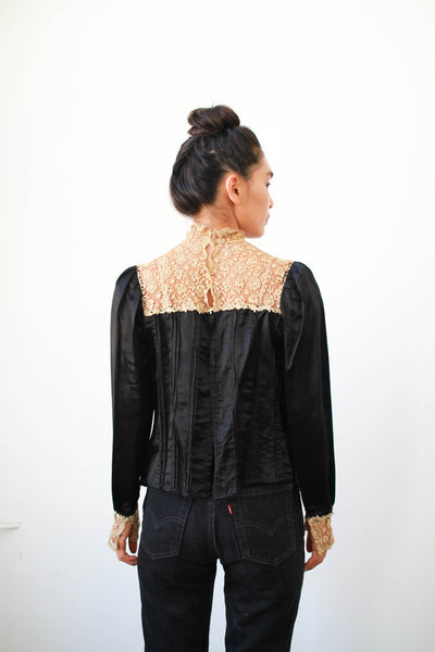 Victorian Black Satin Lace Yolk Long Sleeve Blouse