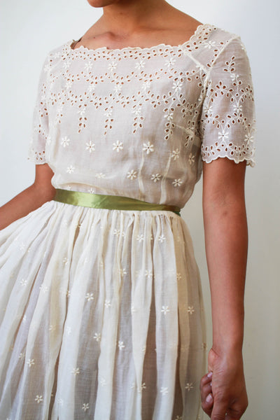 1950s Cream Eyelet Cotton Dress