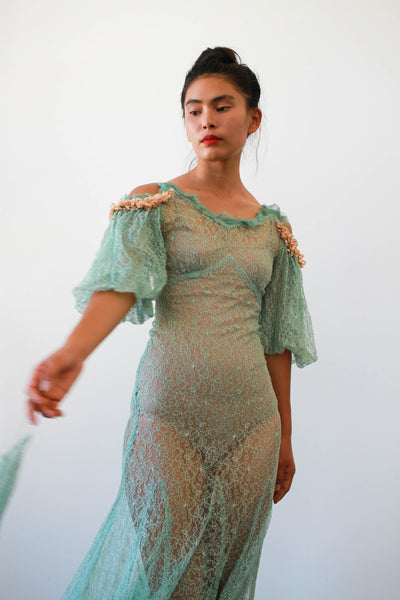 1930s Teal Alencon Lace Off Shoulder Gown