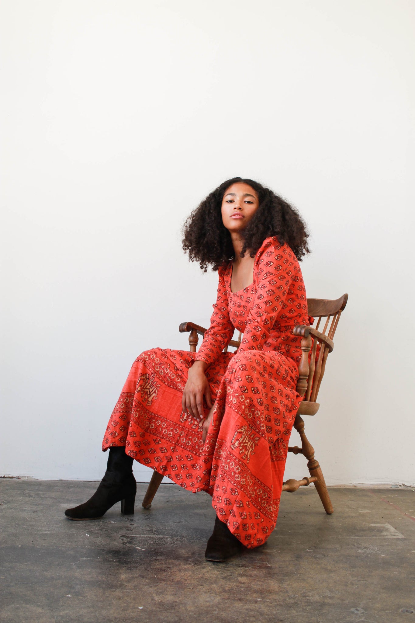 1970s Blood Orange Indian Cotton Block Print Maxi Dress