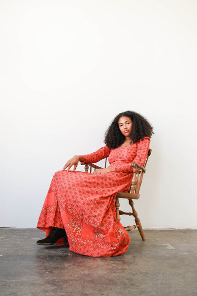 1970s Blood Orange Indian Cotton Block Print Maxi Dress