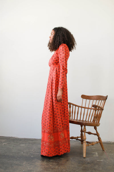 1970s Blood Orange Indian Cotton Block Print Maxi Dress