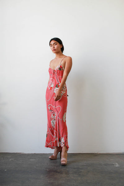1990s Pink Print Rayon Bias Dress