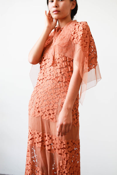 1930s Terracotta Lace Paneled Gown