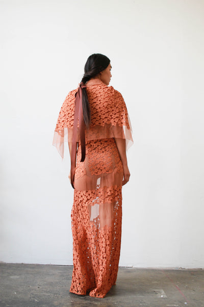 1930s Terracotta Lace Paneled Gown