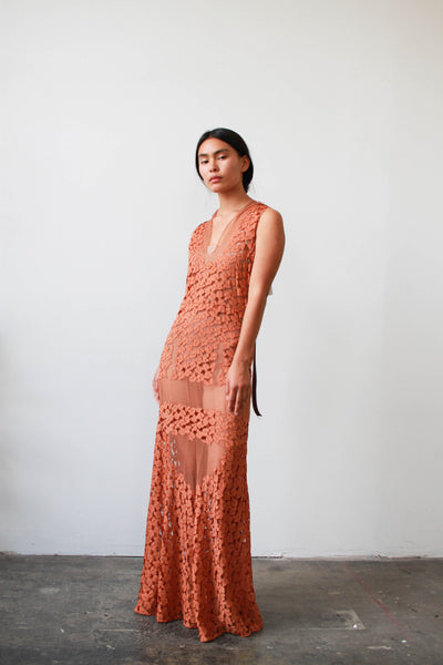1930s Terracotta Lace Paneled Gown