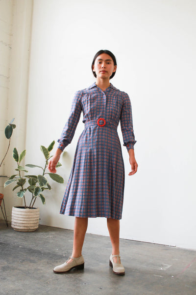 1930s Periwrinkle Cotton Print Pleated Day Dress