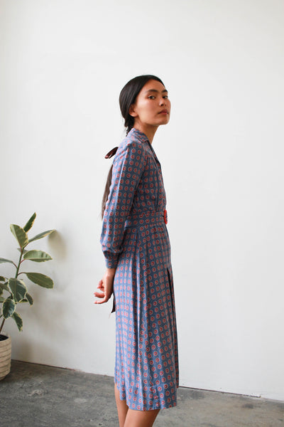 1930s Periwrinkle Cotton Print Pleated Day Dress